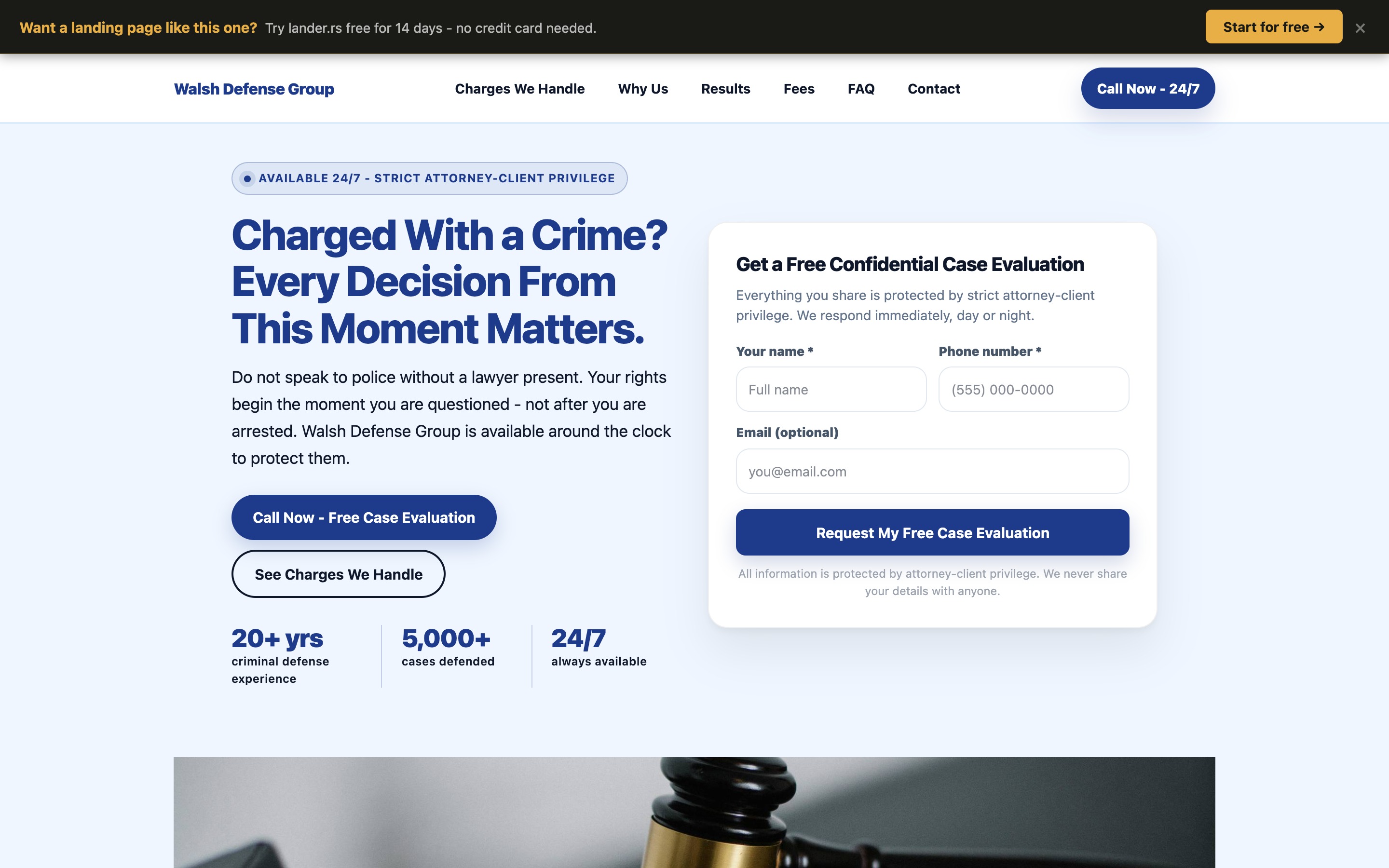 Criminal defense lawyer landing page example