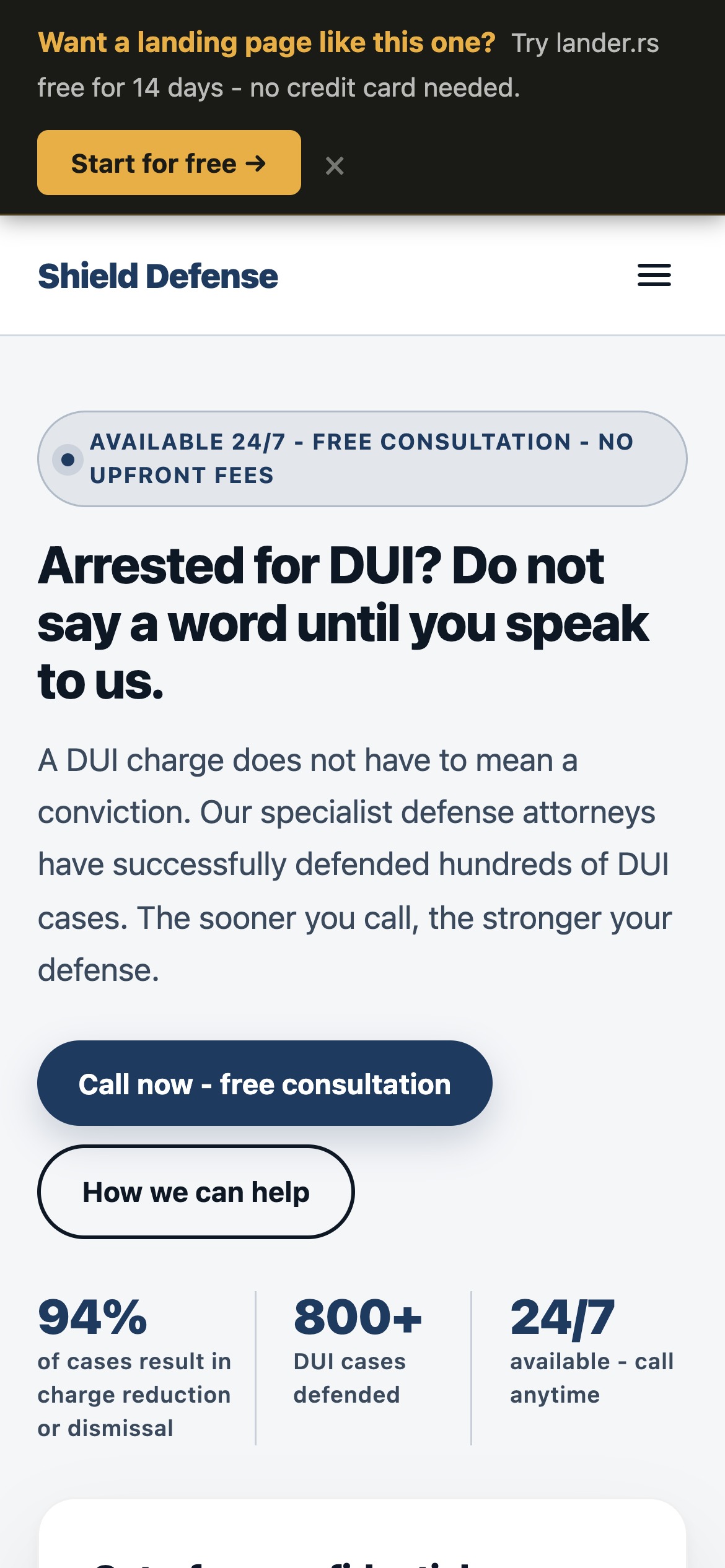 Shield Defense DUI landing page - mobile