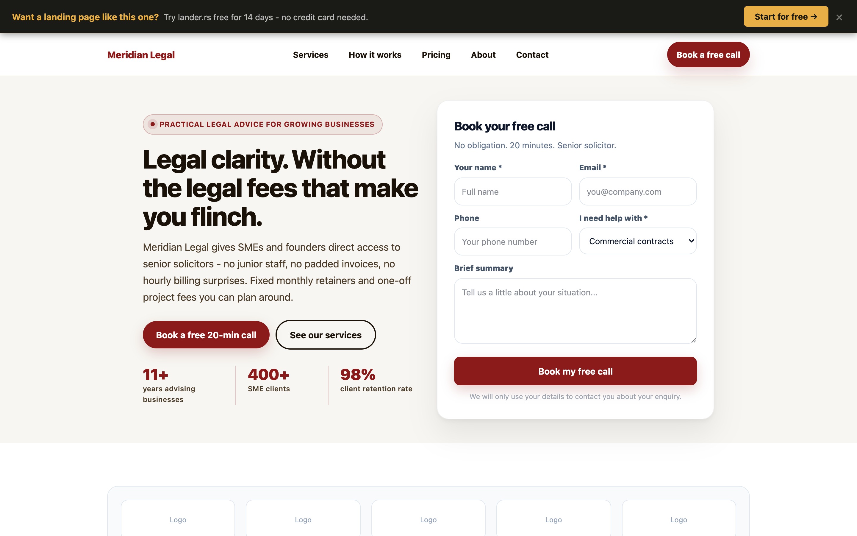 Legal consulting landing page example