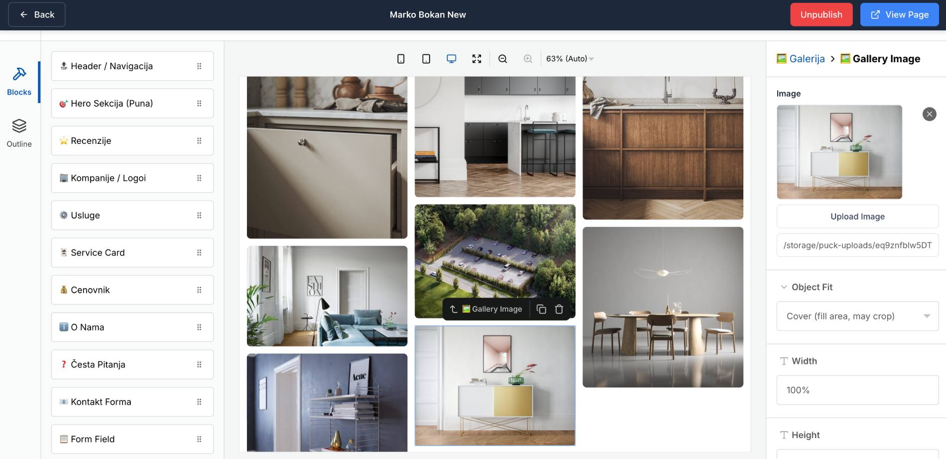 Pregled page builder interfejsa