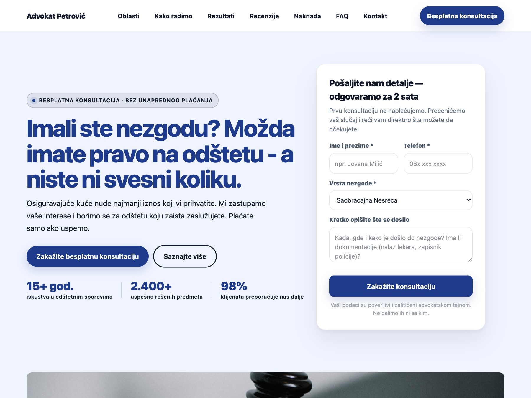Advokat za Nezgode landing page